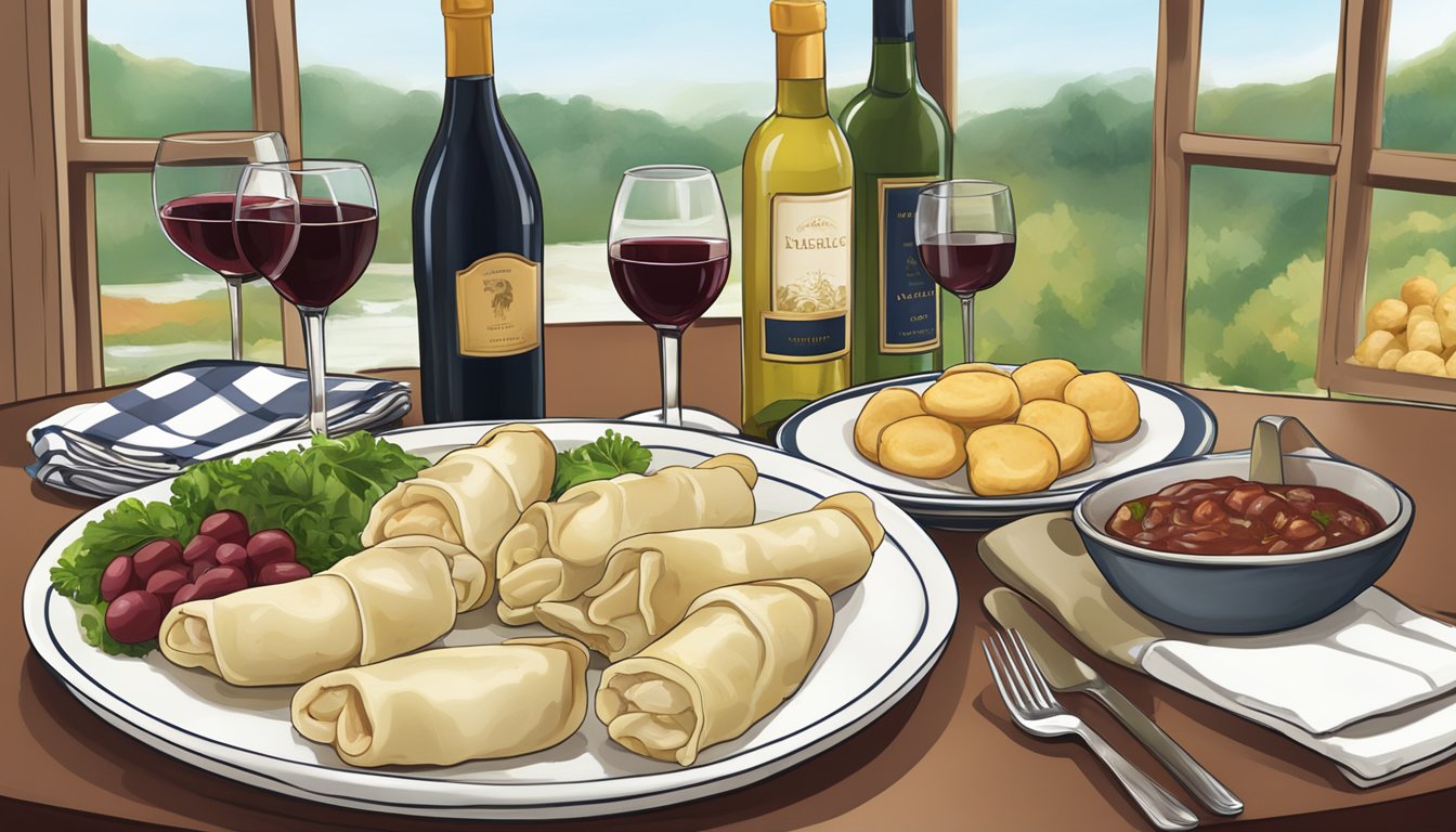 A table set with pierogi, kielbasa, and cabbage rolls, paired with a bottle of red wine and a glass of white wine