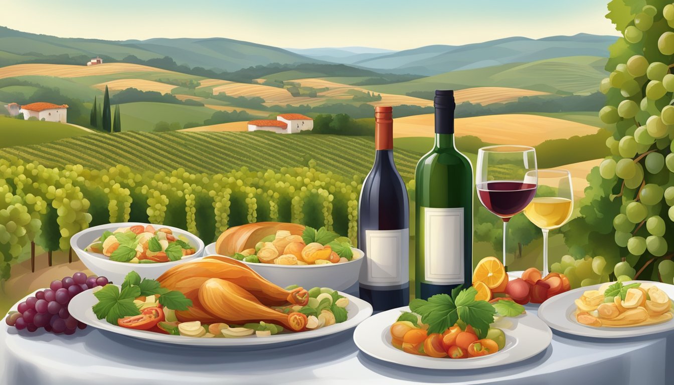 A table set with traditional Portuguese dishes and a bottle of wine, surrounded by vineyards and rolling hills