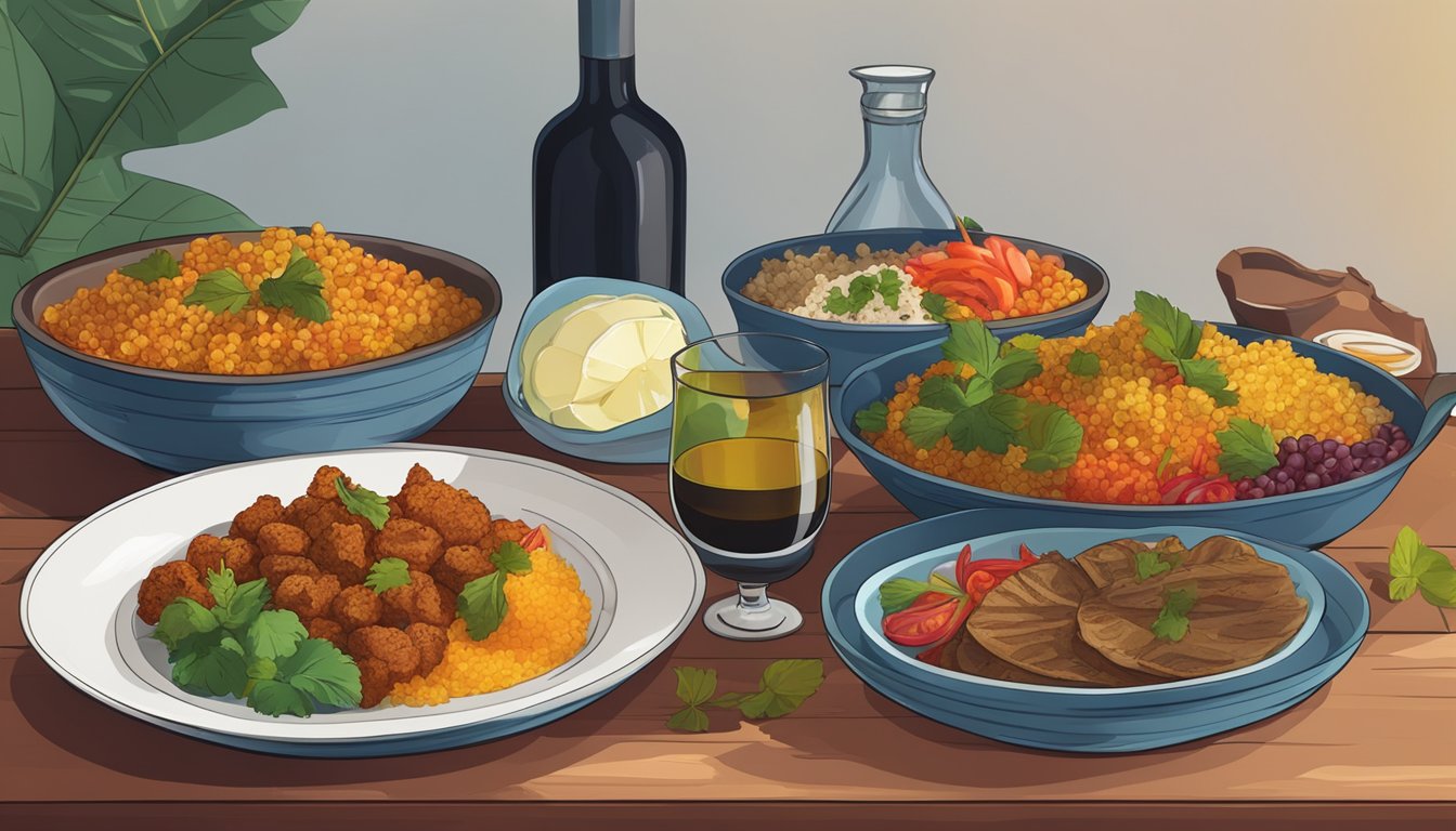 A table set with colorful Sri Lankan dishes alongside a bottle of red wine