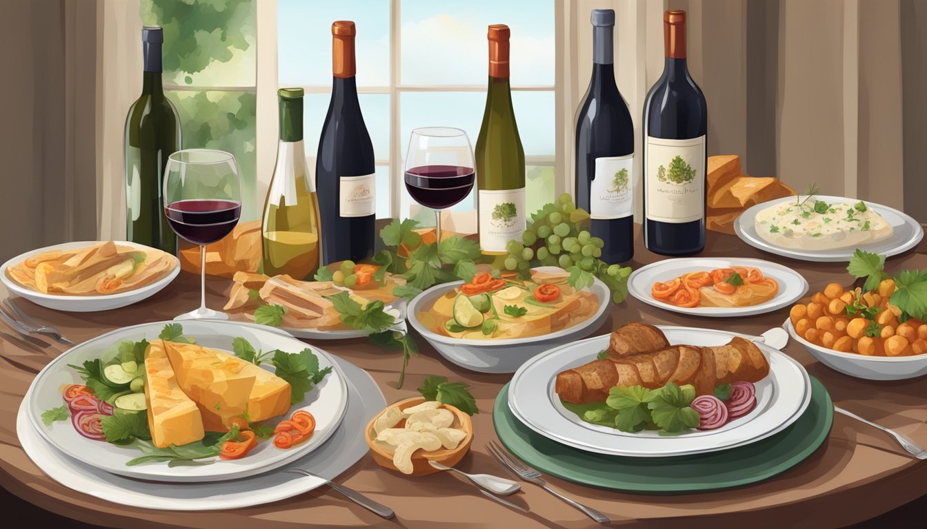 A table set with traditional Hungarian dishes and various bottles of wine, with a focus on pairing the right wine with the food