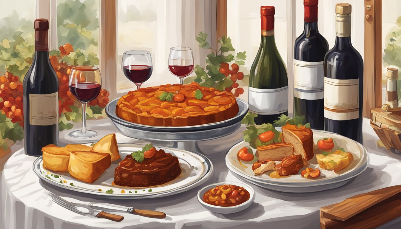 A table set with goulash, paprika chicken, and dobos torte, surrounded by bottles of red and white Hungarian wine