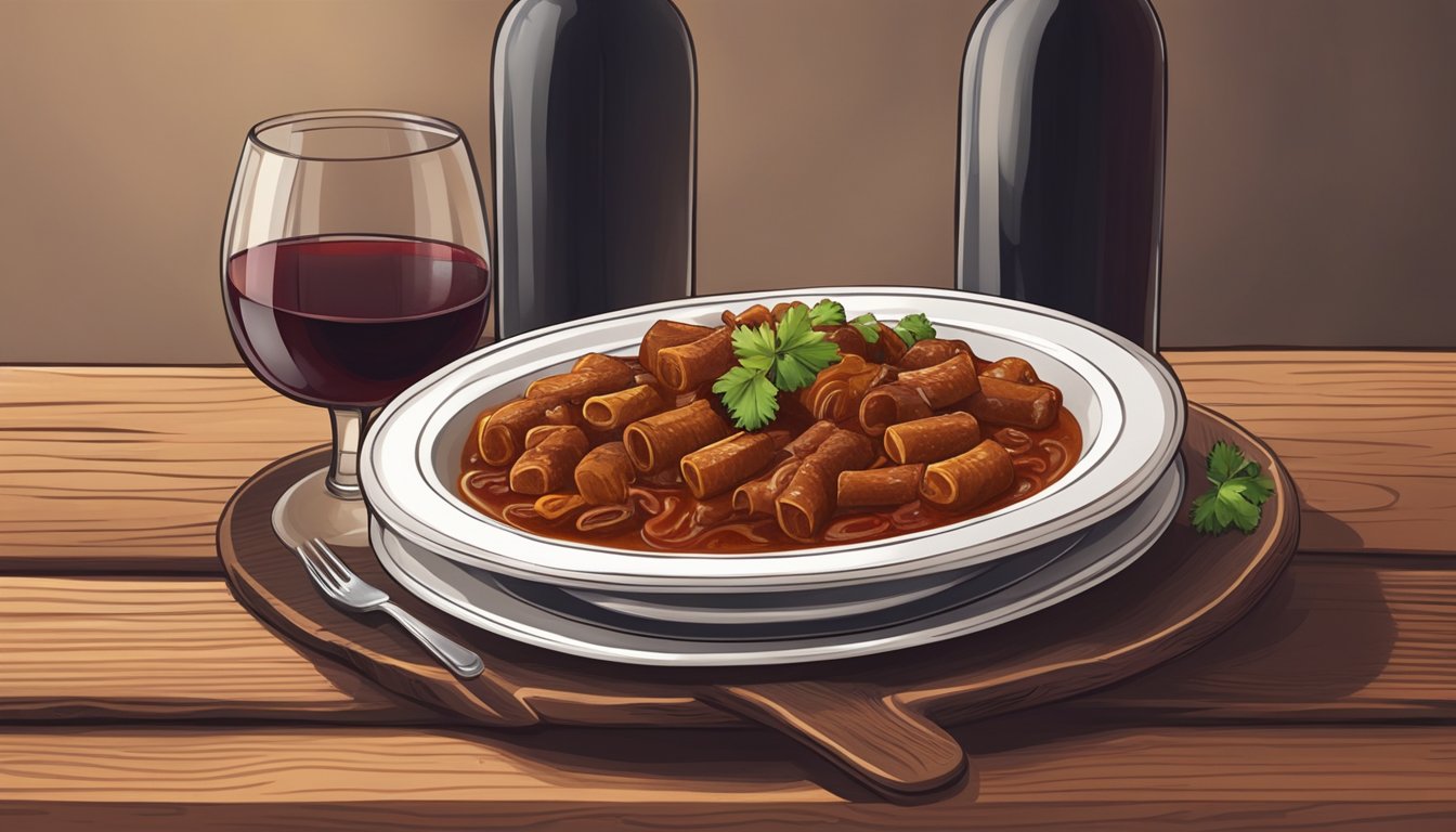 A bottle of red wine and a plate of goulash on a rustic wooden table