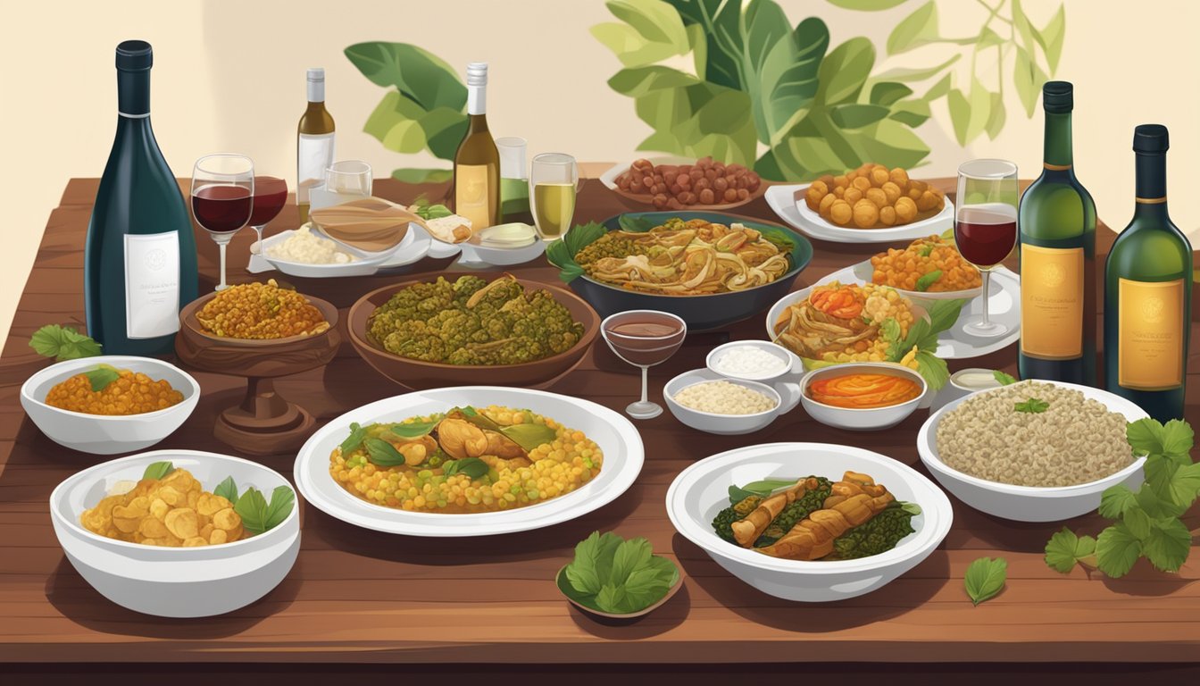 A table set with traditional Sri Lankan dishes, surrounded by bottles of red and white wine