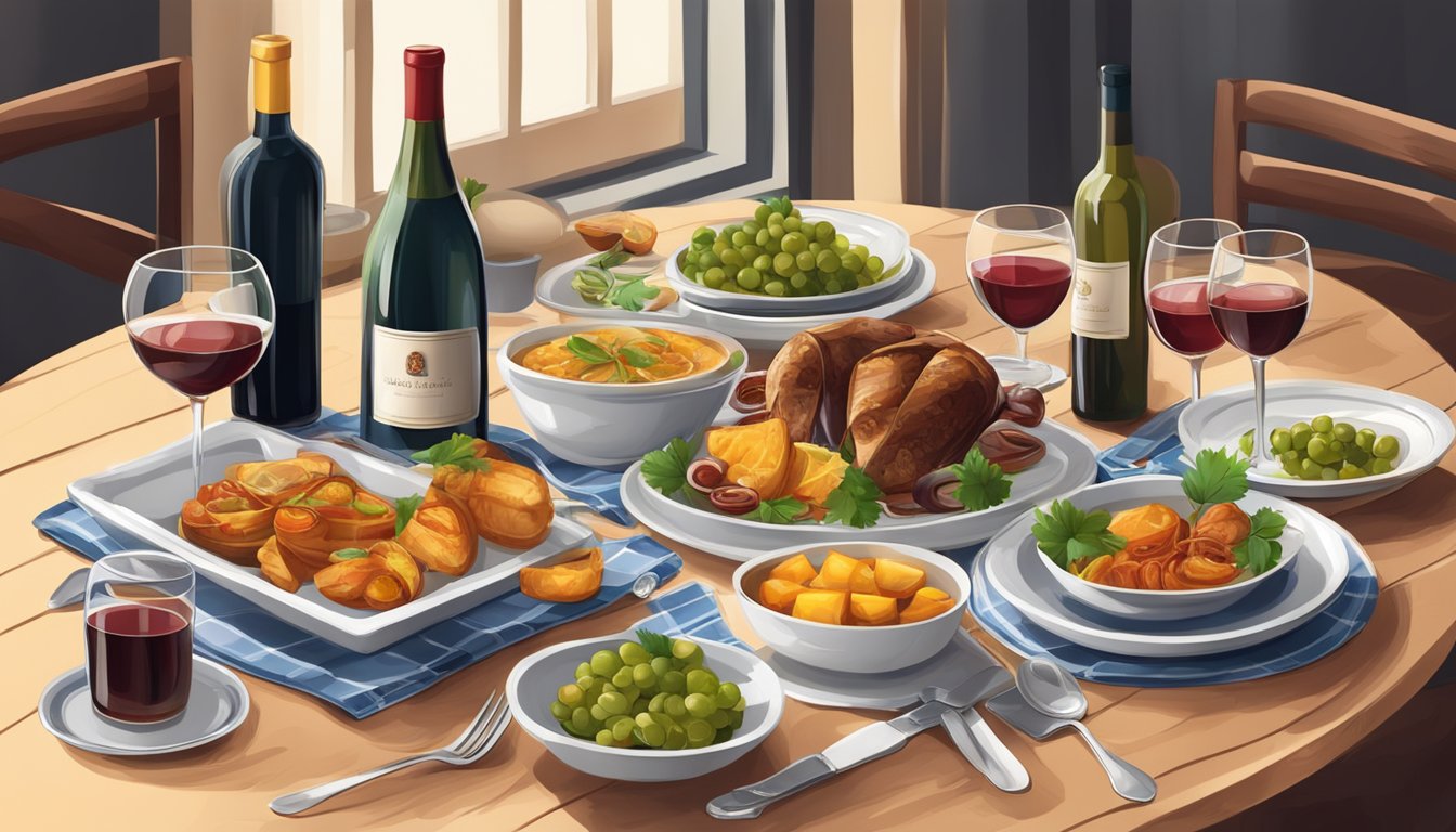 A table set with traditional Portuguese dishes and glasses of wine