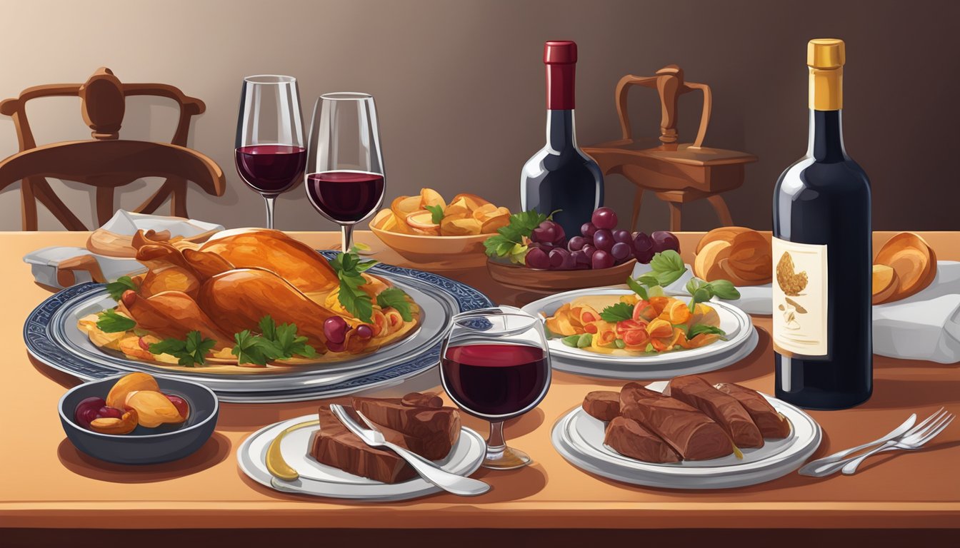 A table set with traditional Portuguese dishes and a bottle of rich, deep red Port wine