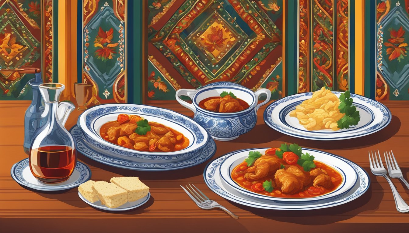 A table set with goulash, paprika chicken, and tokaji wine. Rich colors and traditional Hungarian patterns decorate the tablecloth and dishes