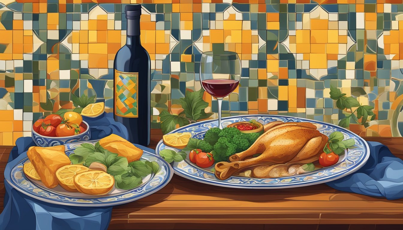 A table set with Portuguese cuisine and a bottle of wine, surrounded by colorful tiles and traditional decor