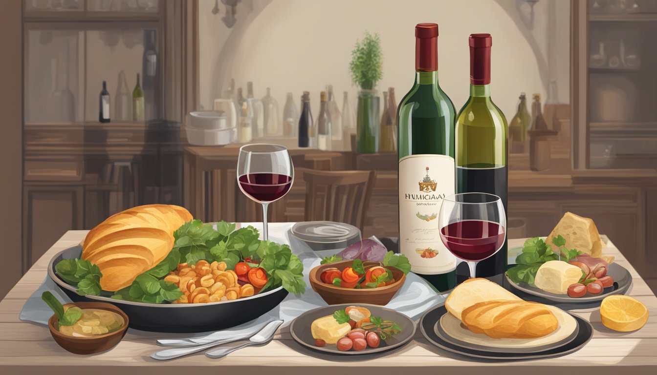 A bottle of Hungarian wine alongside a table set with traditional Hungarian dishes