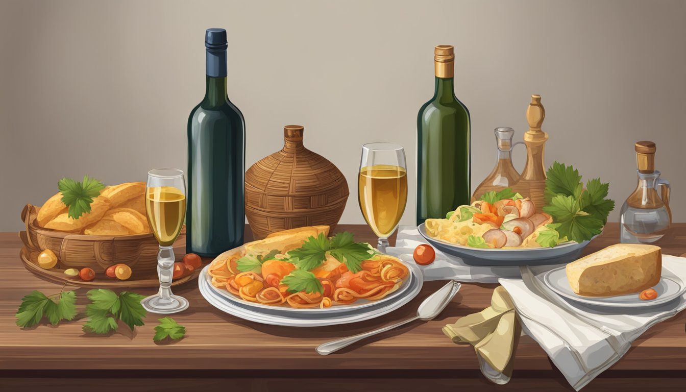 A table set with traditional Hungarian dishes and a bottle of Hungarian wine