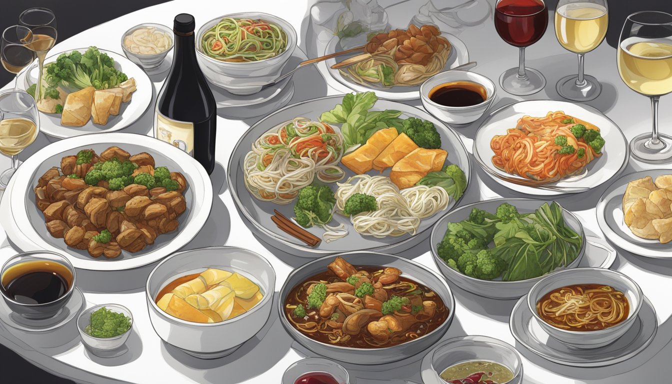 A table set with a spread of Taiwanese dishes, surrounded by glasses of red and white wine