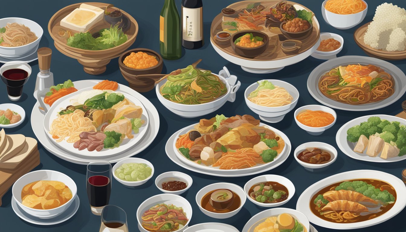 A table set with a spread of Taiwanese dishes, surrounded by bottles of various wines