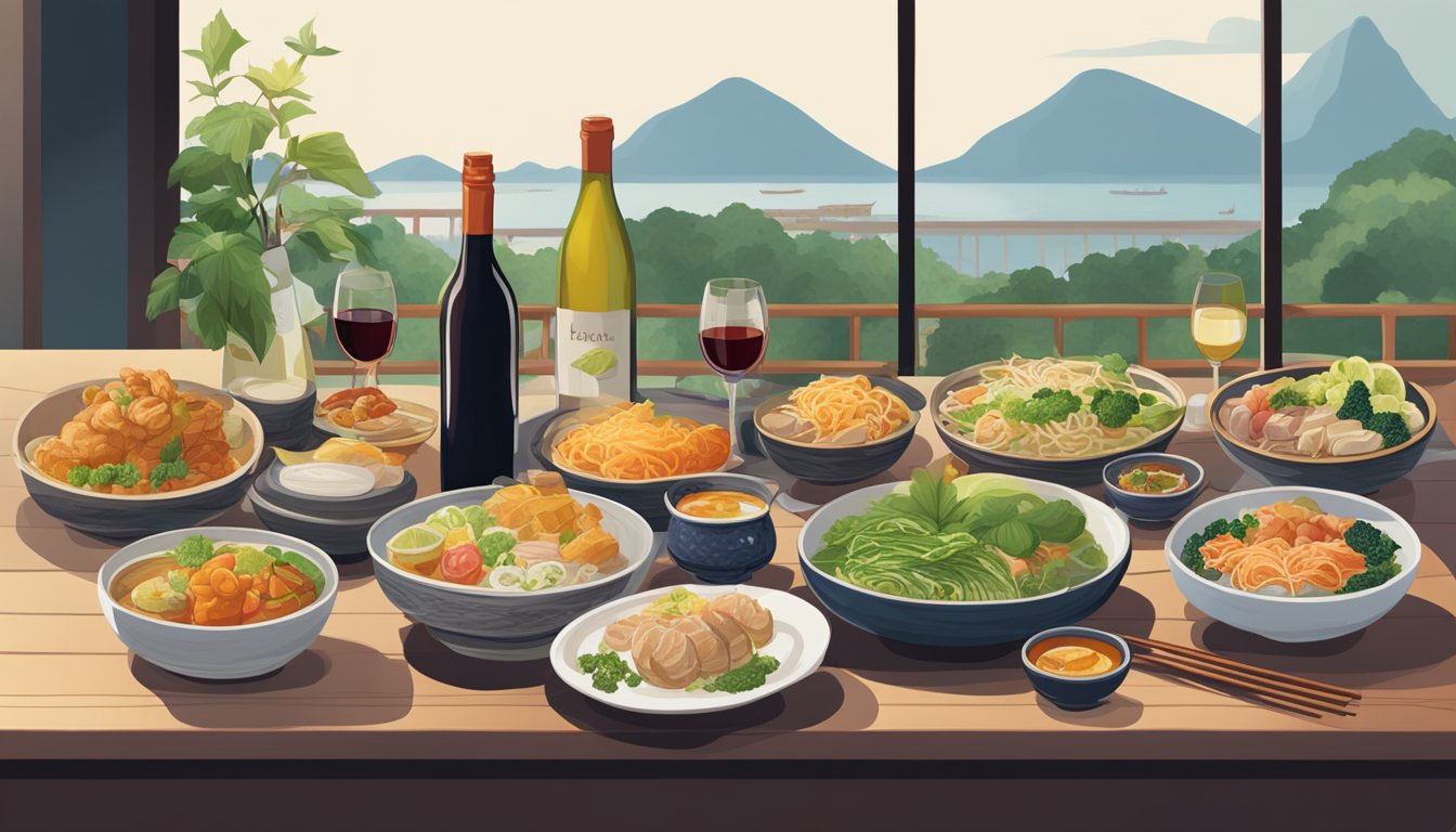 A table set with a variety of Taiwanese dishes alongside a selection of different wine bottles