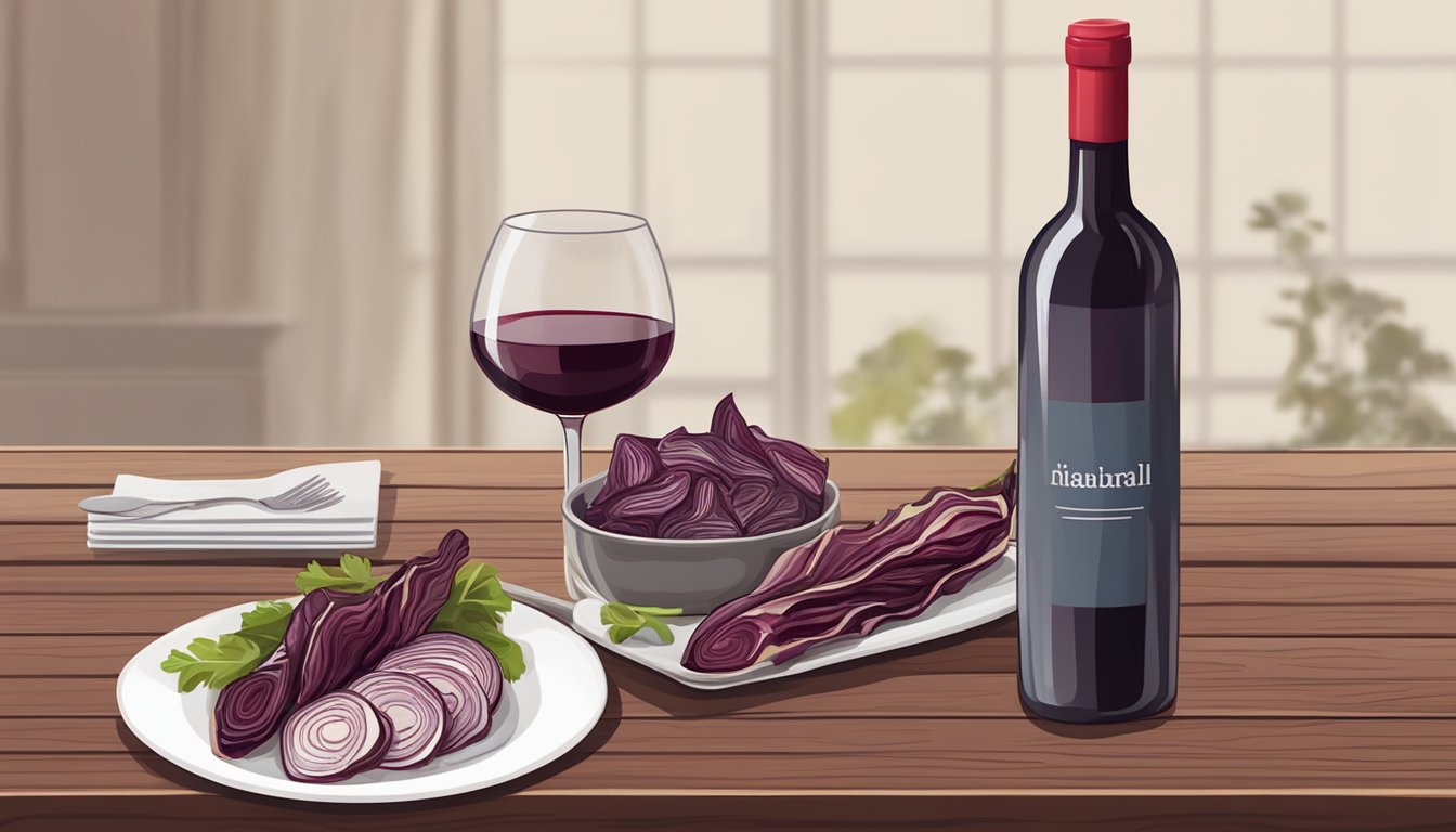 A bottle of red wine next to a plate of grilled radicchio on a wooden table