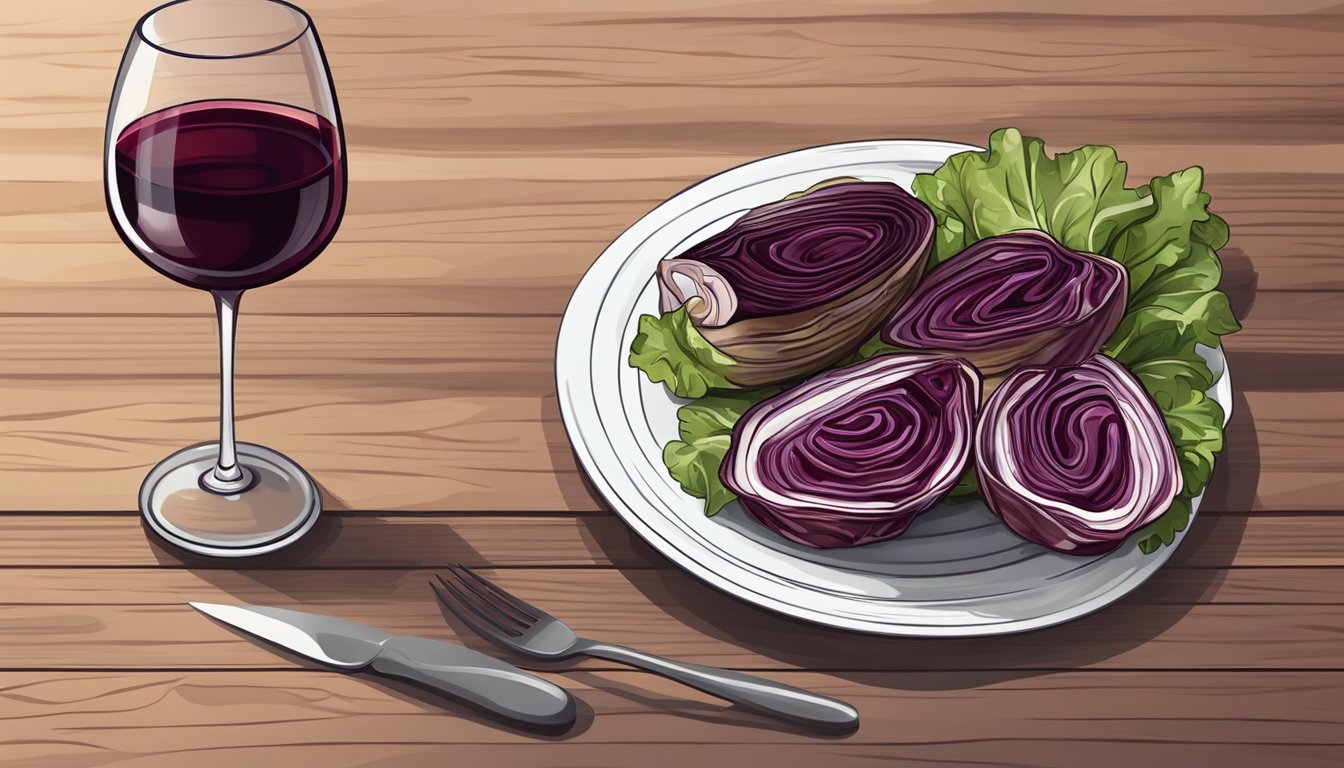 A bottle of red wine next to a plate of grilled radicchio on a wooden table, with a wine glass and a fork