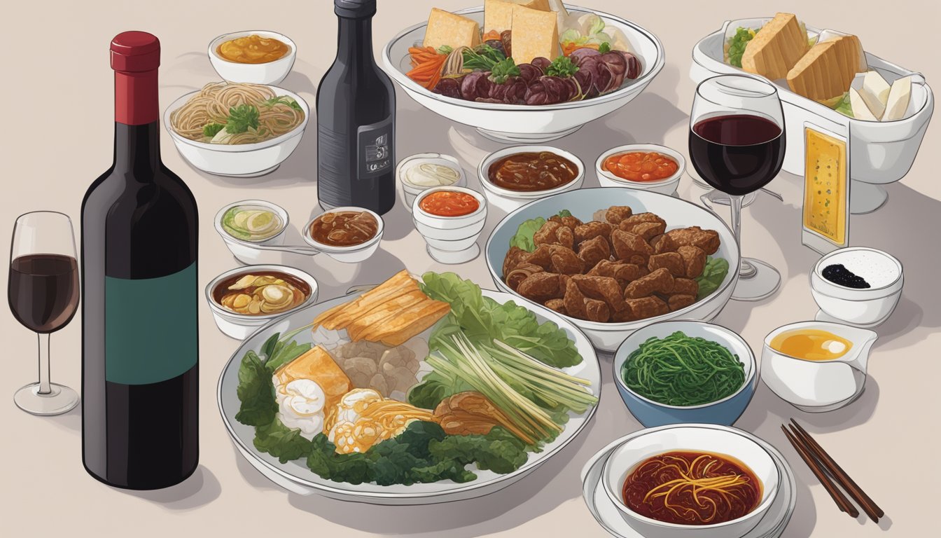 A bottle of red wine next to a spread of Taiwanese dishes and condiments