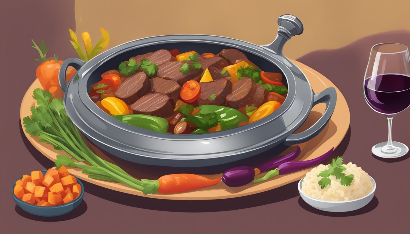 A steaming beef tagine dish surrounded by colorful vegetables and a glass of red wine