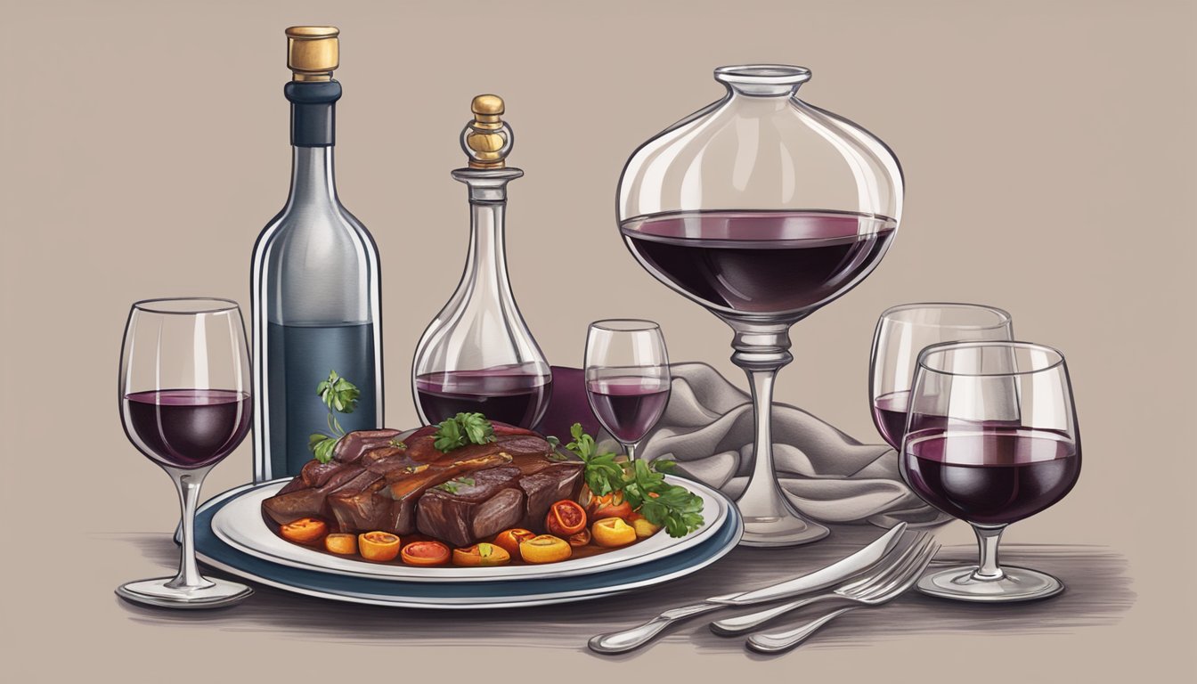 A table set with a steaming beef tagine, accompanied by a bottle of rich red wine and elegant wine glasses