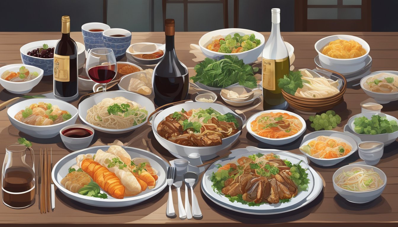 A table set with a spread of Taiwanese dishes, surrounded by bottles of red and white wine