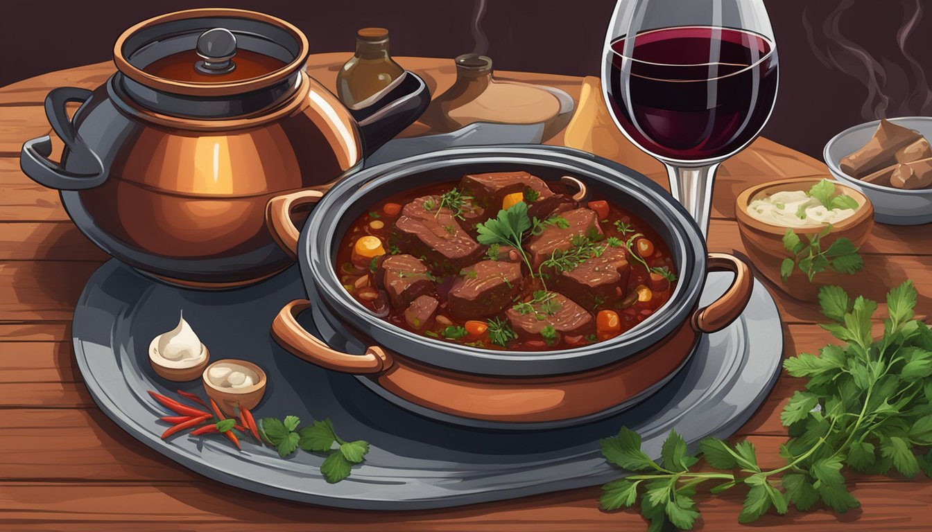 A steaming beef tagine sits on a rustic table surrounded by fresh herbs, spices, and a bottle of rich red wine