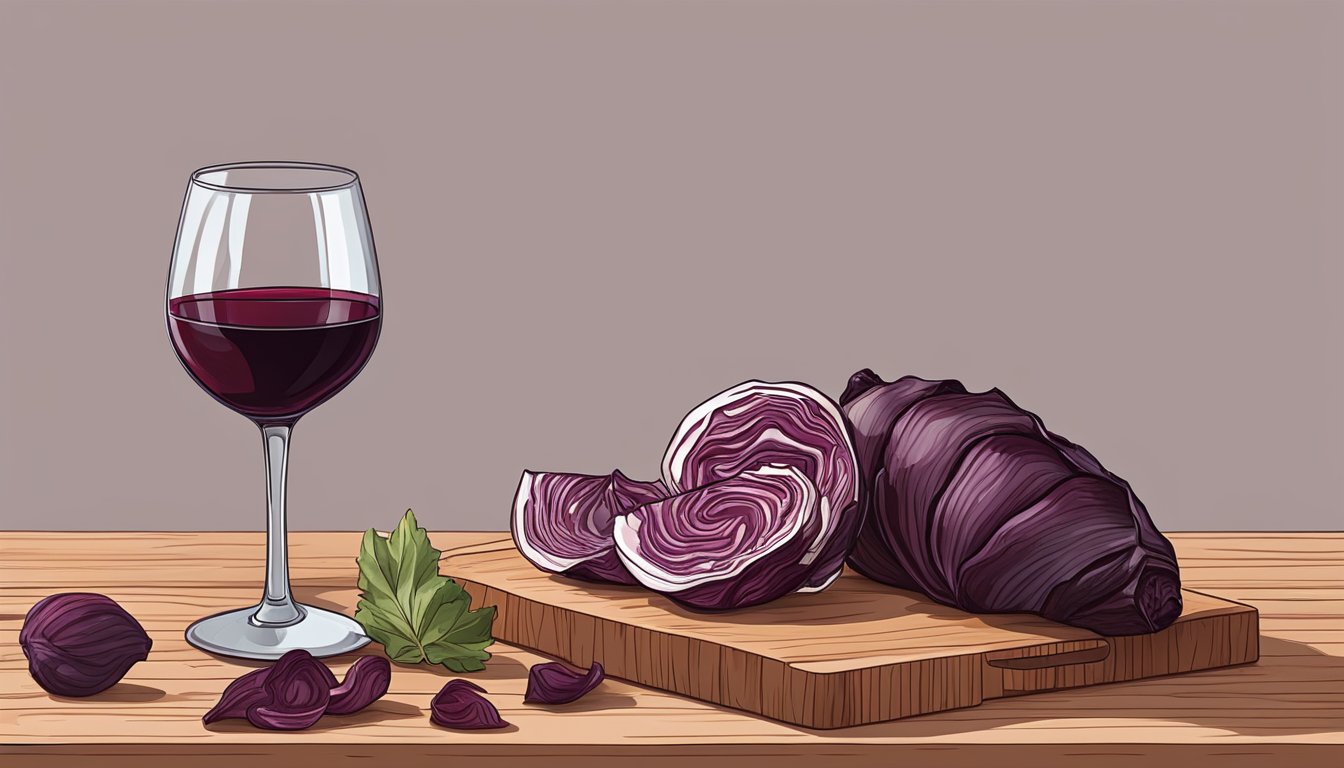 A bottle of red wine next to a grilled radicchio on a wooden table