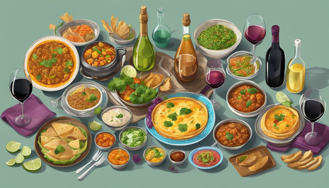 A table set with a colorful array of Pakistani dishes, surrounded by bottles of wine and wine glasses