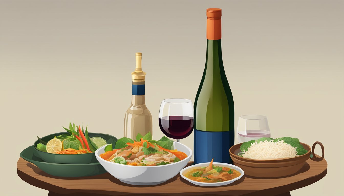 A table set with traditional Laotian dishes and a bottle of wine