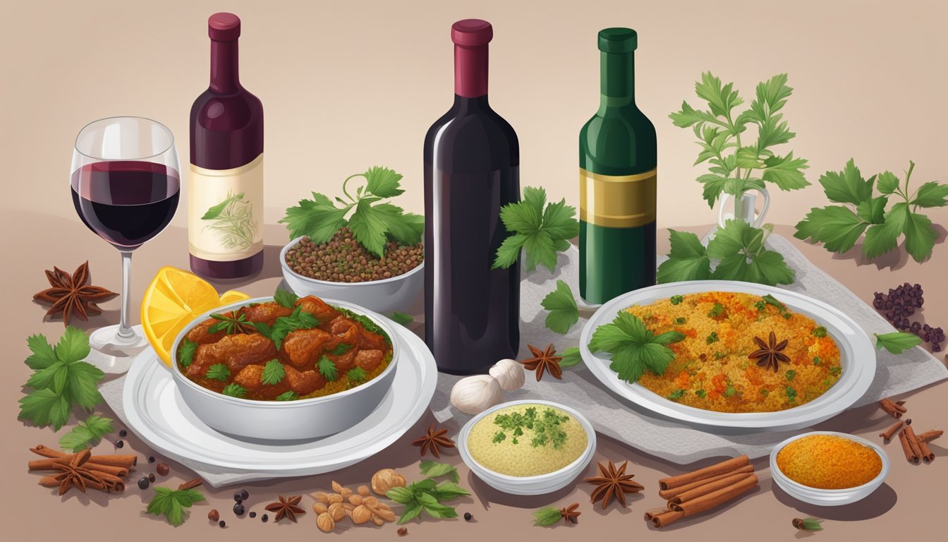 A table set with aromatic Pakistani dishes alongside a bottle of red wine and a glass, with spices and herbs scattered around