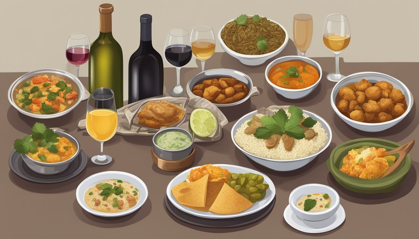 A table set with a variety of traditional Pakistani dishes, alongside a selection of different wines, with labels indicating which wine pairs best with each dish