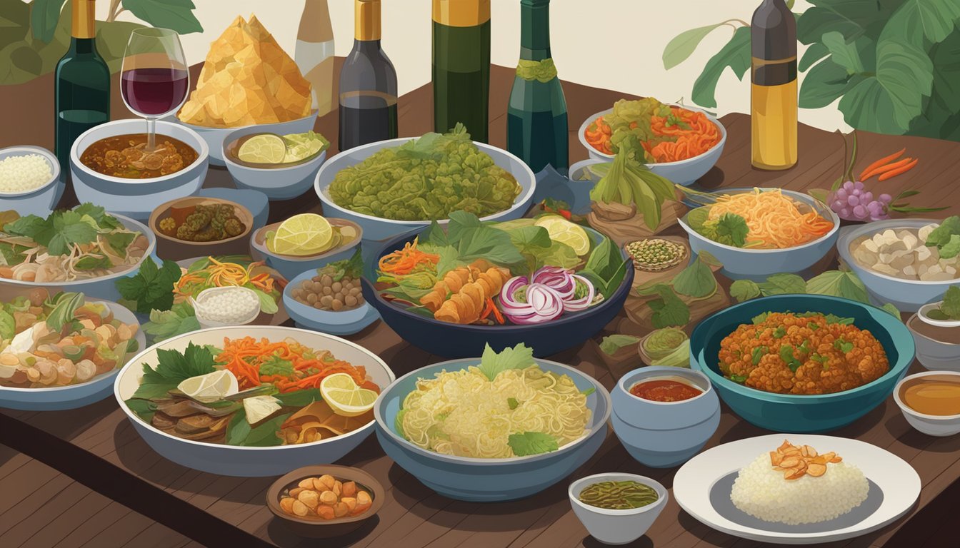 A table set with a spread of Laotian dishes, surrounded by bottles of regional and lesser-known wine varietals