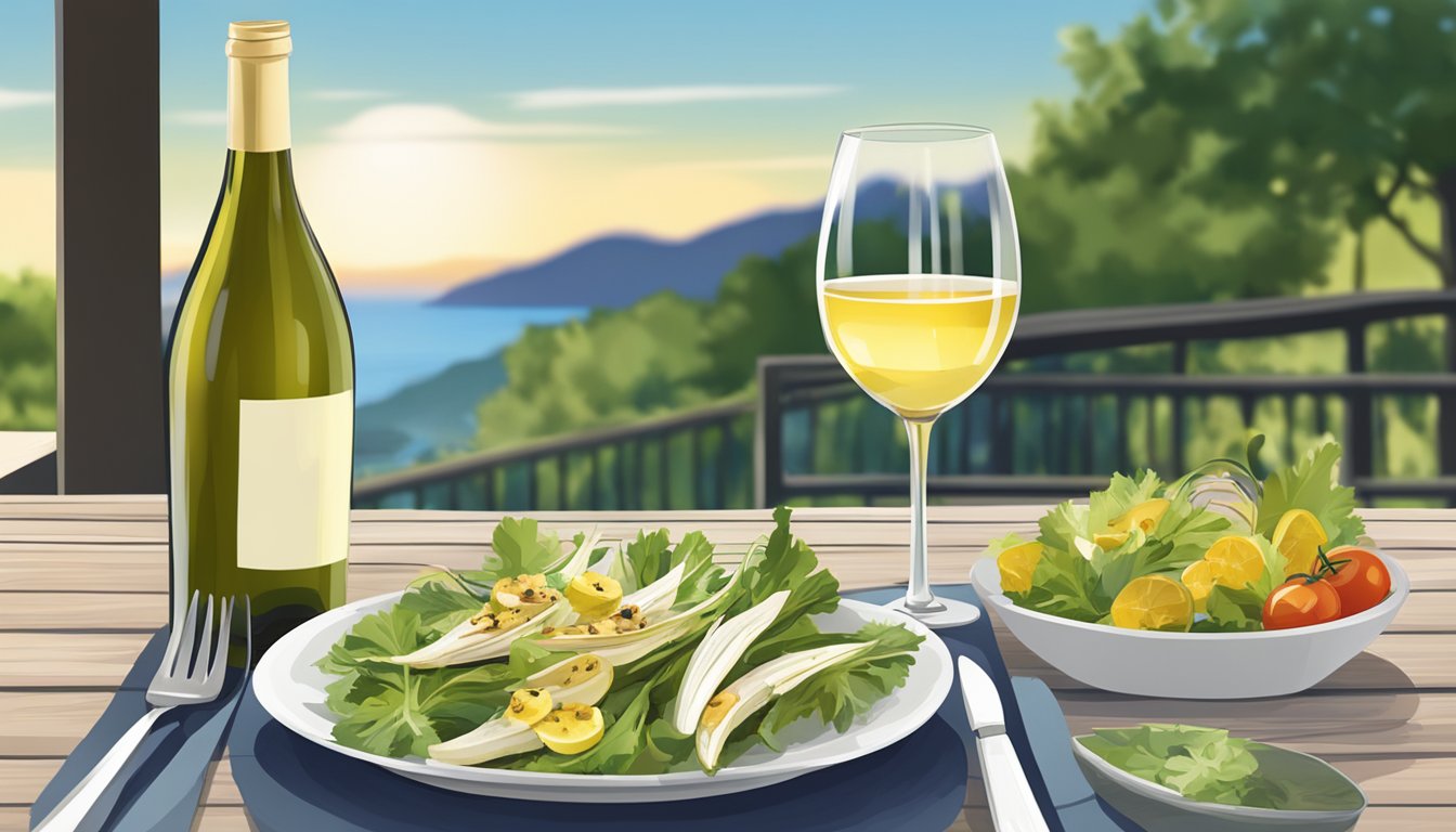 A table set with a grilled endive salad and a bottle of white wine, with a cozy outdoor setting in the background