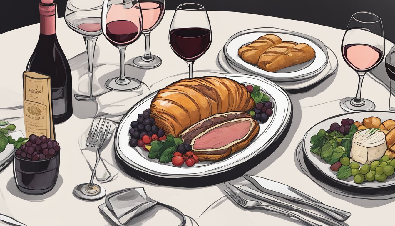 A table set with a beef Wellington dish and a variety of wine bottles, including options beyond red, such as a white or rosé