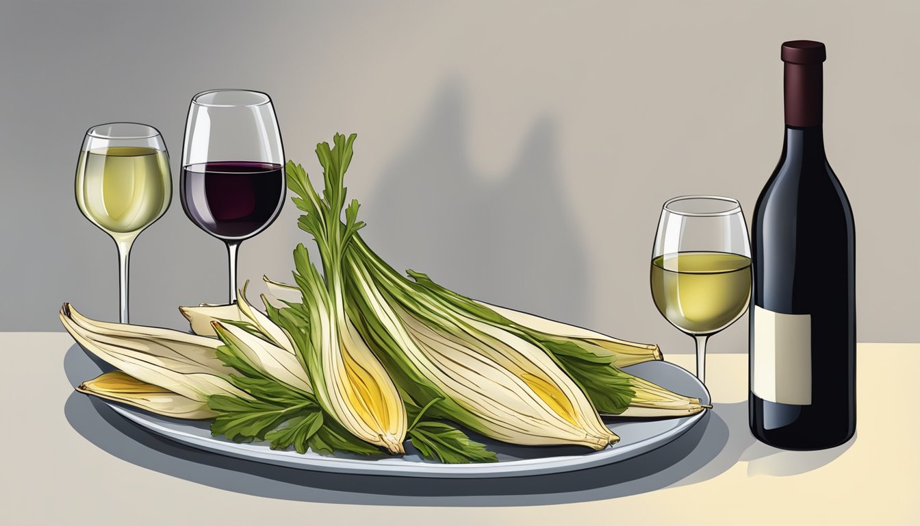 Grilled endive on a platter with a selection of wine bottles and glasses