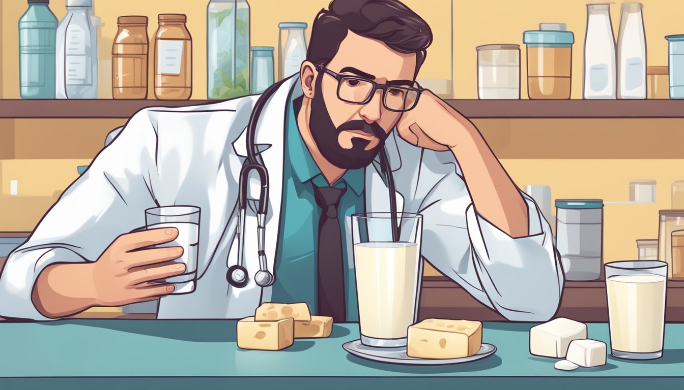 A person with lactose intolerance feeling weak and tired, with a glass of milk next to them and a doctor explaining the link between lactose intolerance and anemia