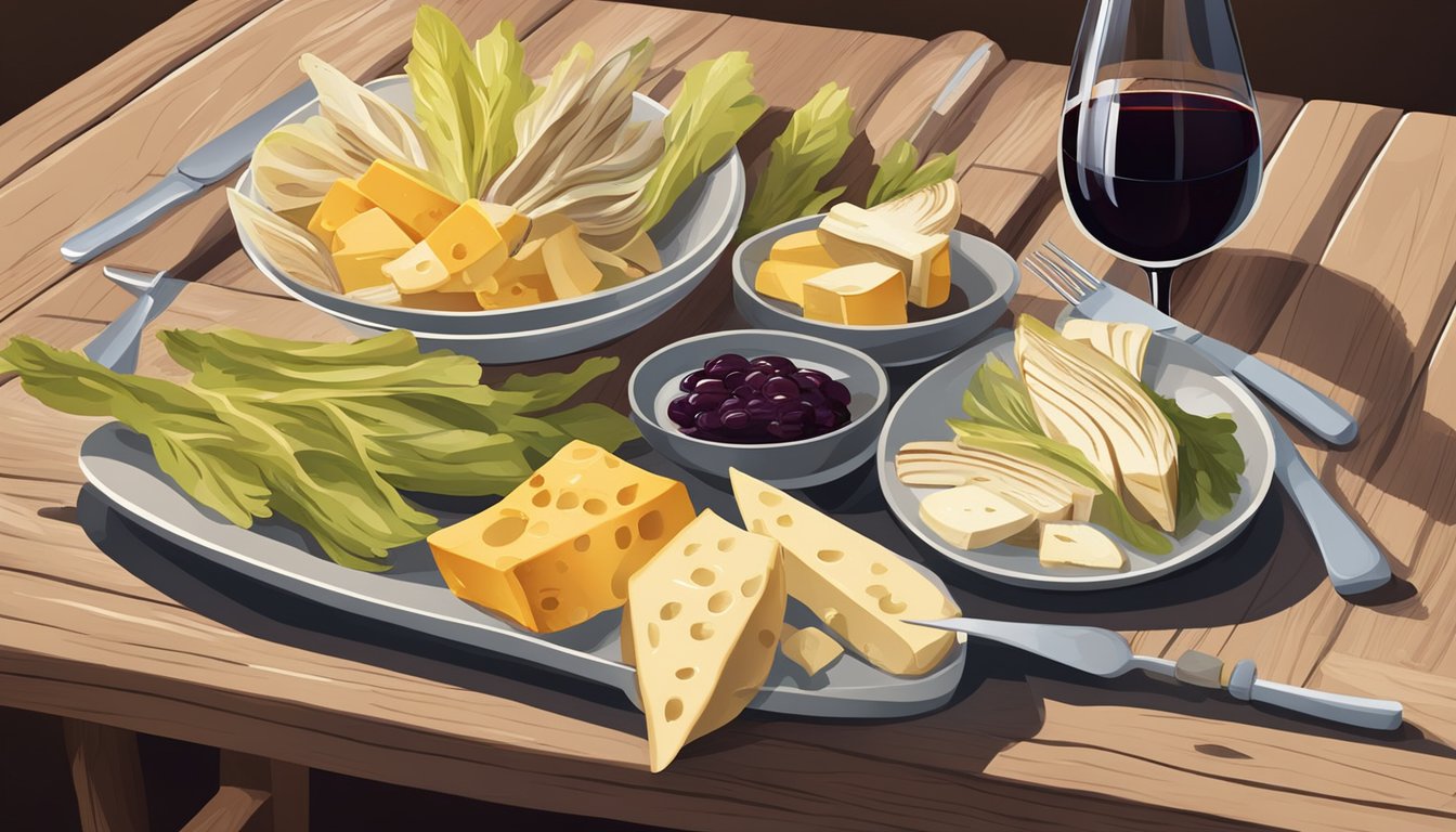 A rustic wooden table set with a platter of grilled endive, assorted cheeses, and a bottle of red wine