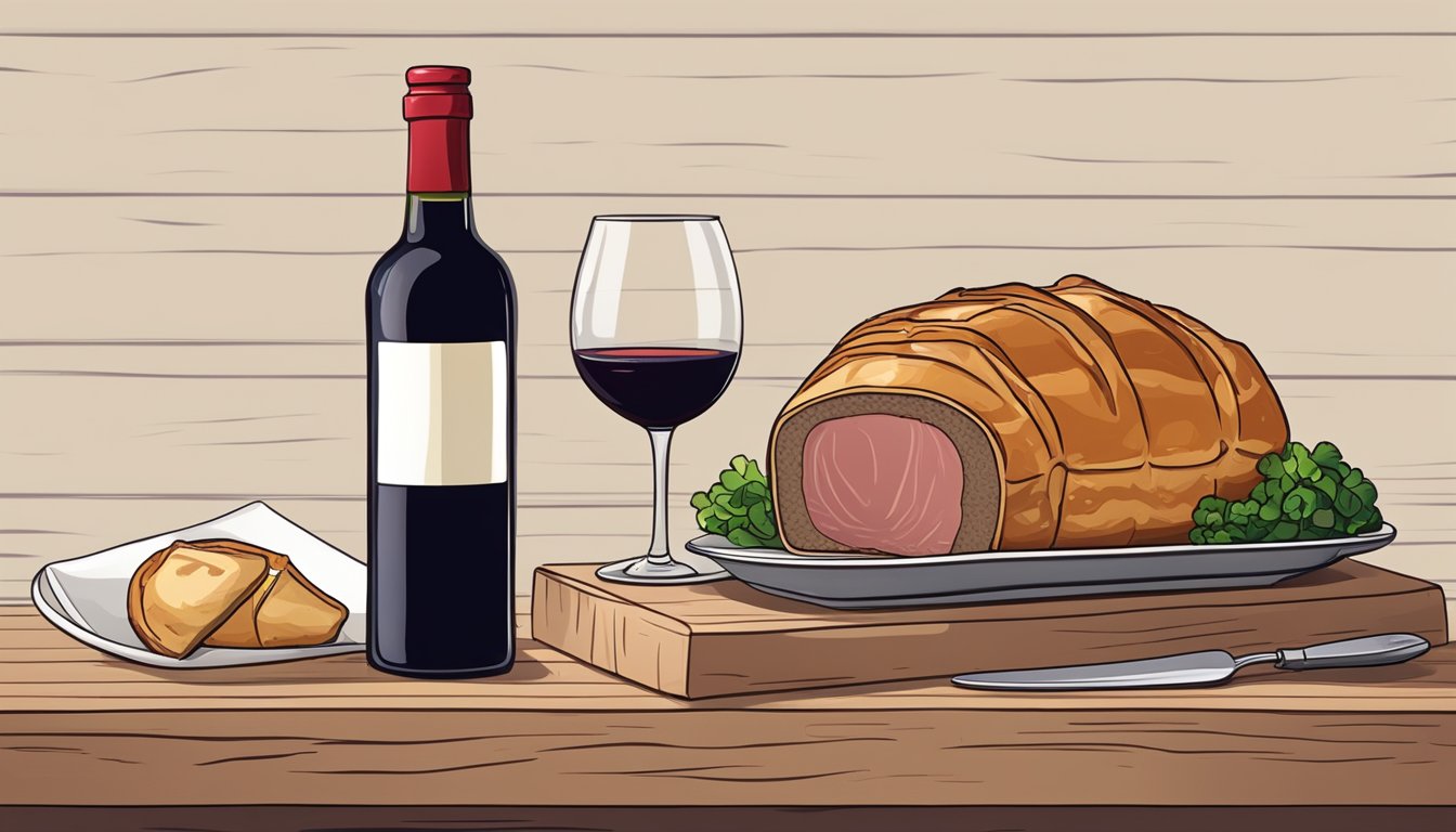 A bottle of red wine next to a perfectly cooked beef wellington on a wooden table