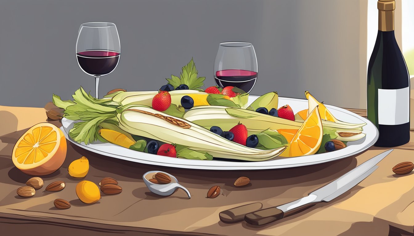 A table set with a grilled endive dish adorned with a variety of colorful fruits and nuts, with a bottle of wine nearby