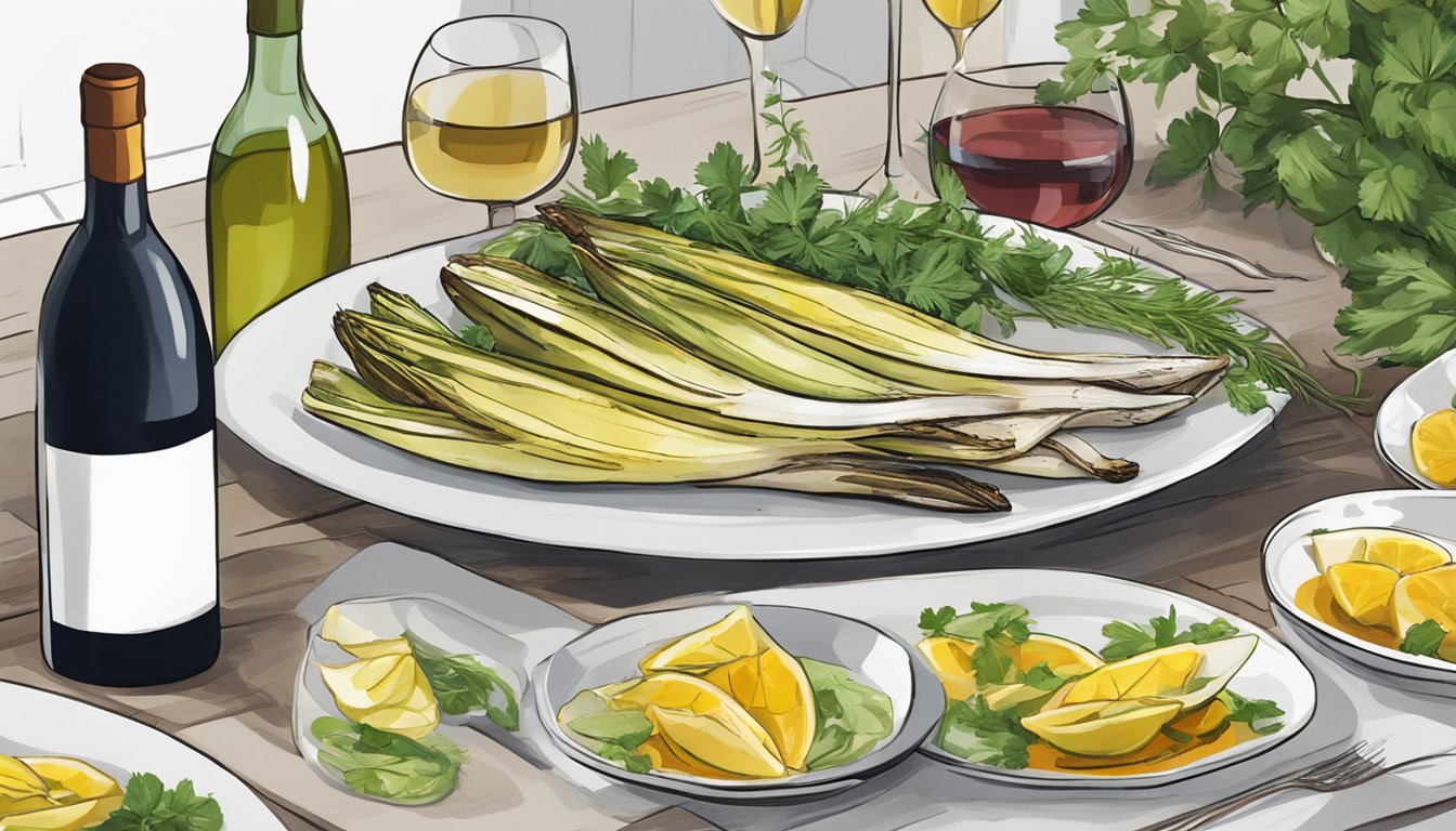 A table set with grilled endive dishes, surrounded by bottles of wine and fresh herbs