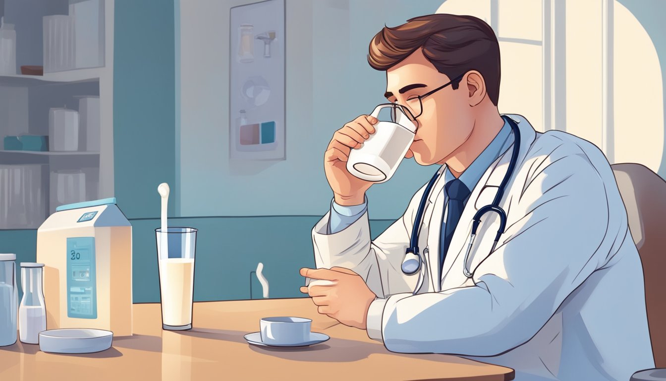 A person drinking milk and feeling weak, with a doctor conducting blood tests