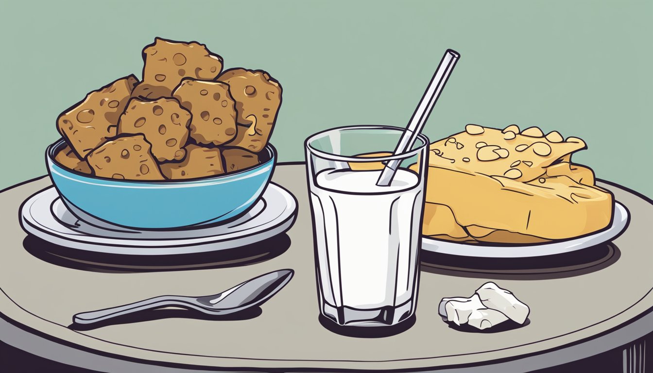 A glass of milk next to a pile of iron-rich foods, with a sad face crossed out