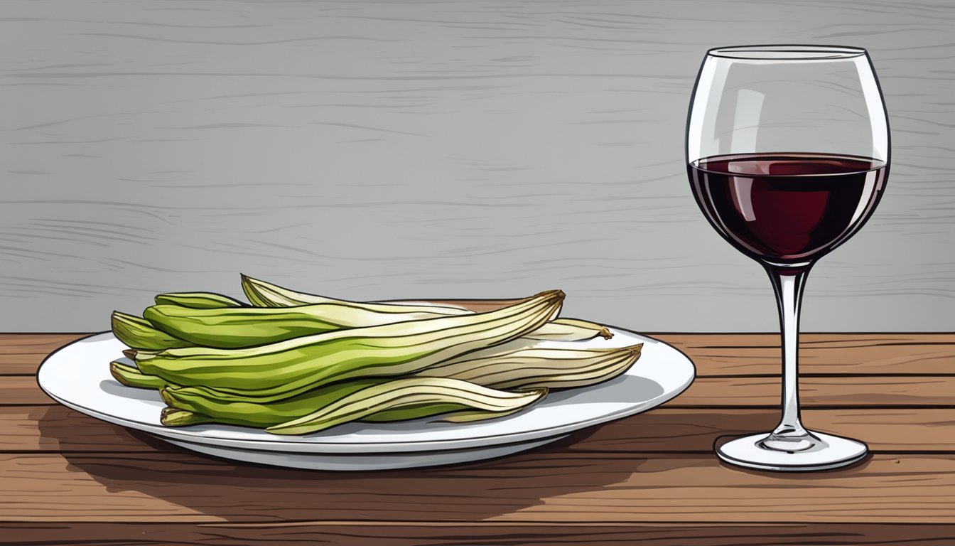 A bottle of red wine next to a plate of grilled endive on a rustic wooden table