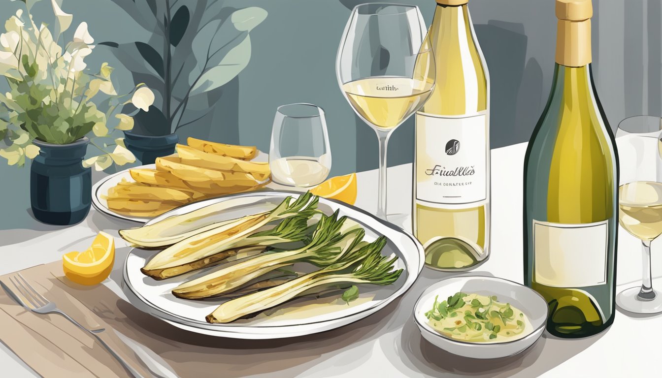 A table set with a grilled endive dish next to a bottle of white wine, surrounded by friends enjoying a social gathering