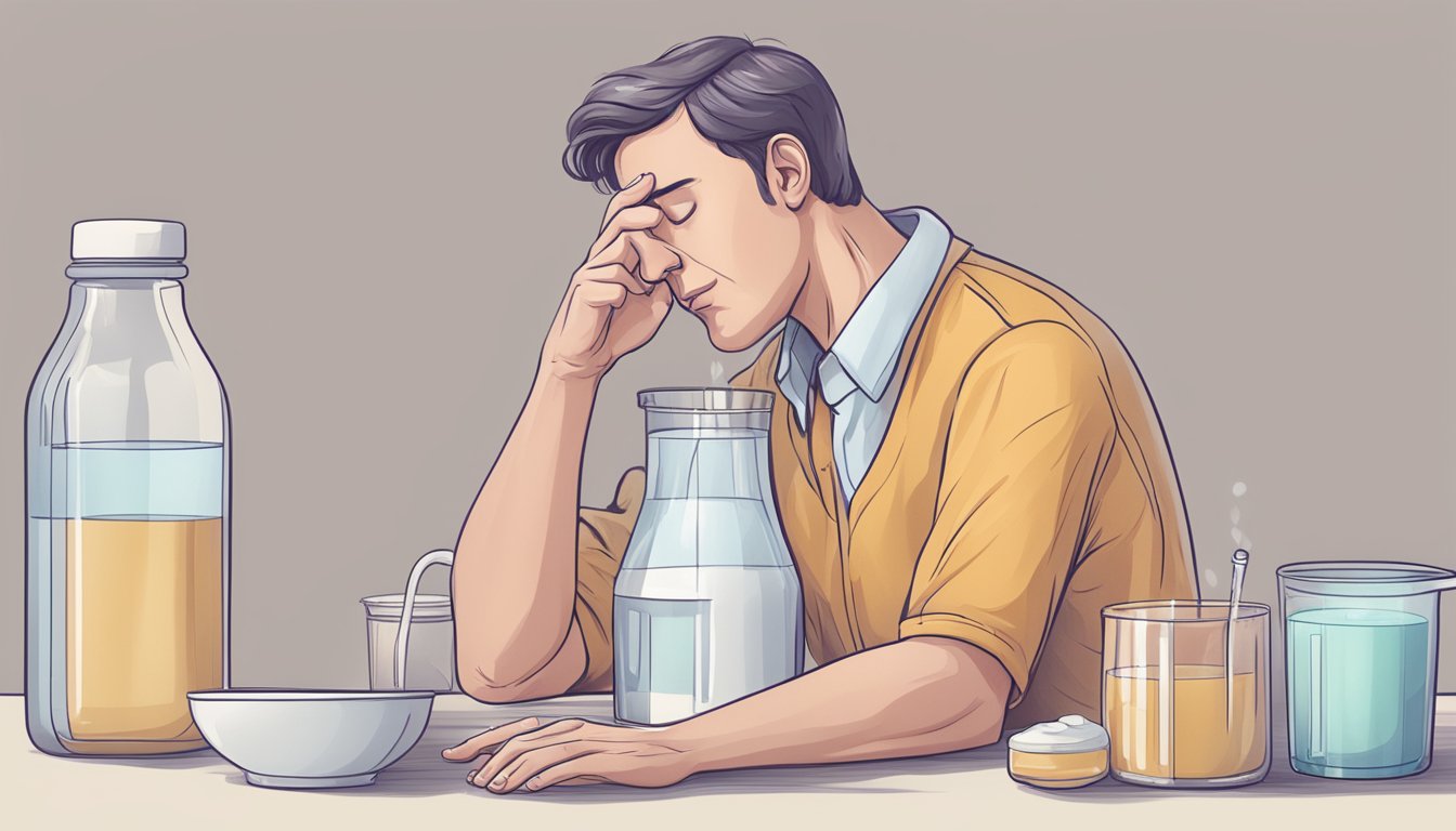 A person with lactose intolerance experiencing fatigue and weakness, with a focus on the digestive system and anemia-related symptoms