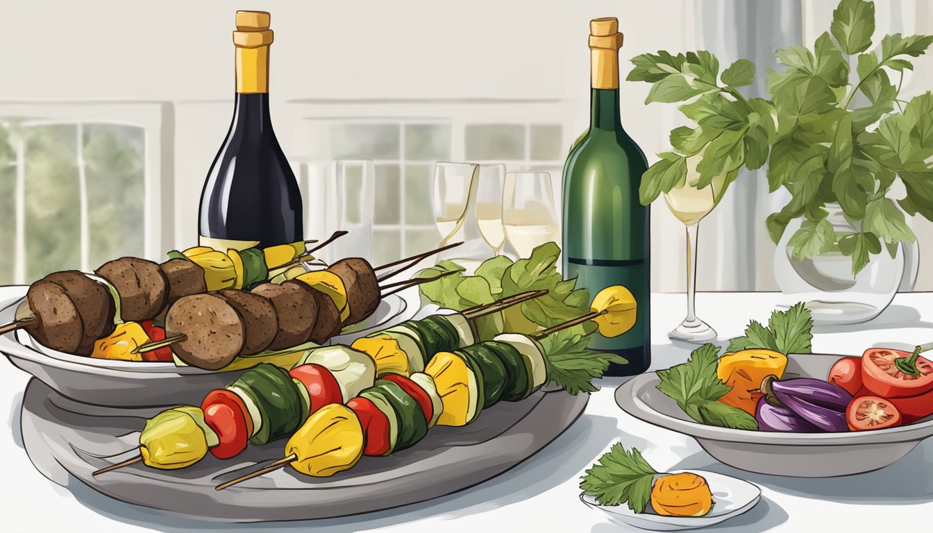 A table set with grilled vegetable kebabs and a bottle of wine