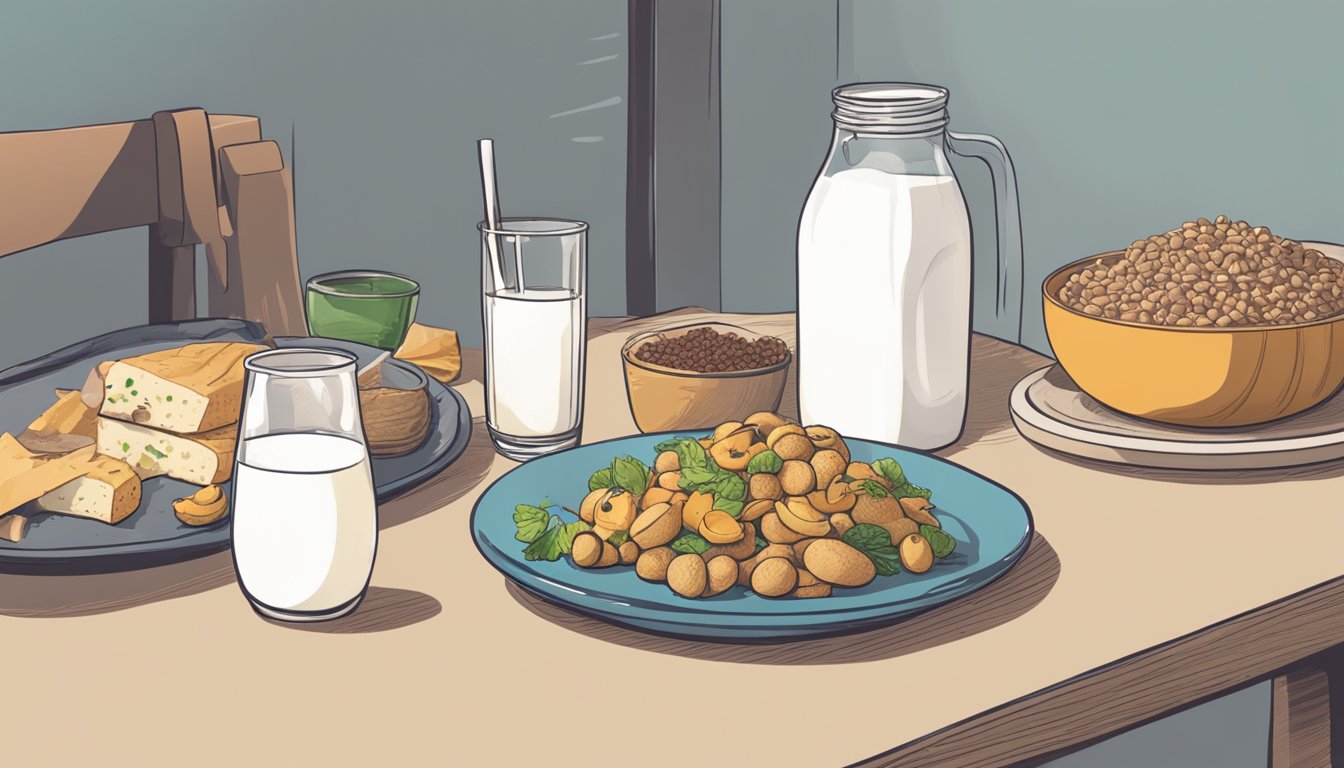 A glass of milk and a pile of iron-rich foods sit on a table. A person looks unwell, holding their stomach