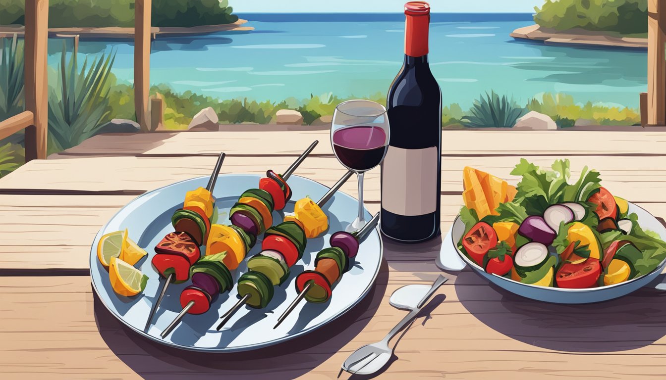 A bottle of red wine next to a platter of colorful grilled vegetable kebabs on a wooden outdoor table