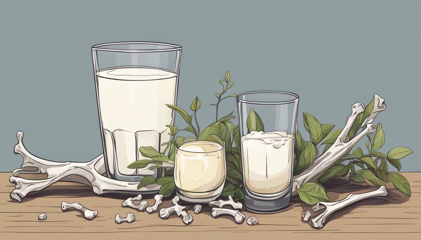 A glass of spilled milk next to a pile of bones and a wilted plant