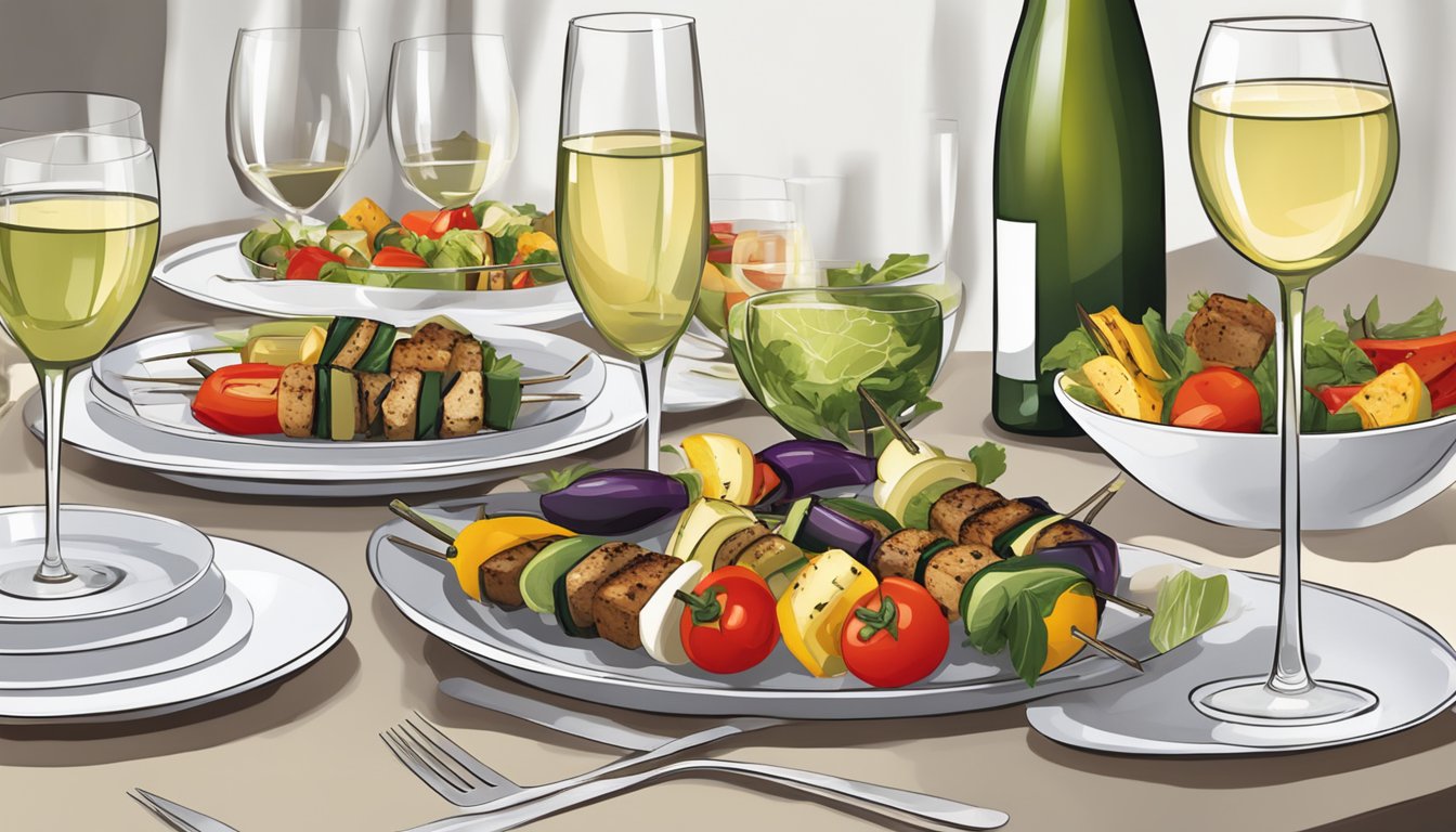 A table set with a variety of grilled vegetable kebabs, alongside glasses of white wine