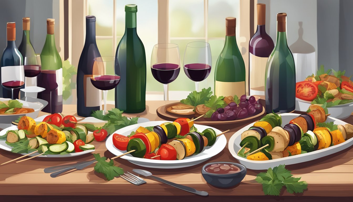 A table set with a variety of grilled vegetable kebabs, surrounded by bottles of red wine