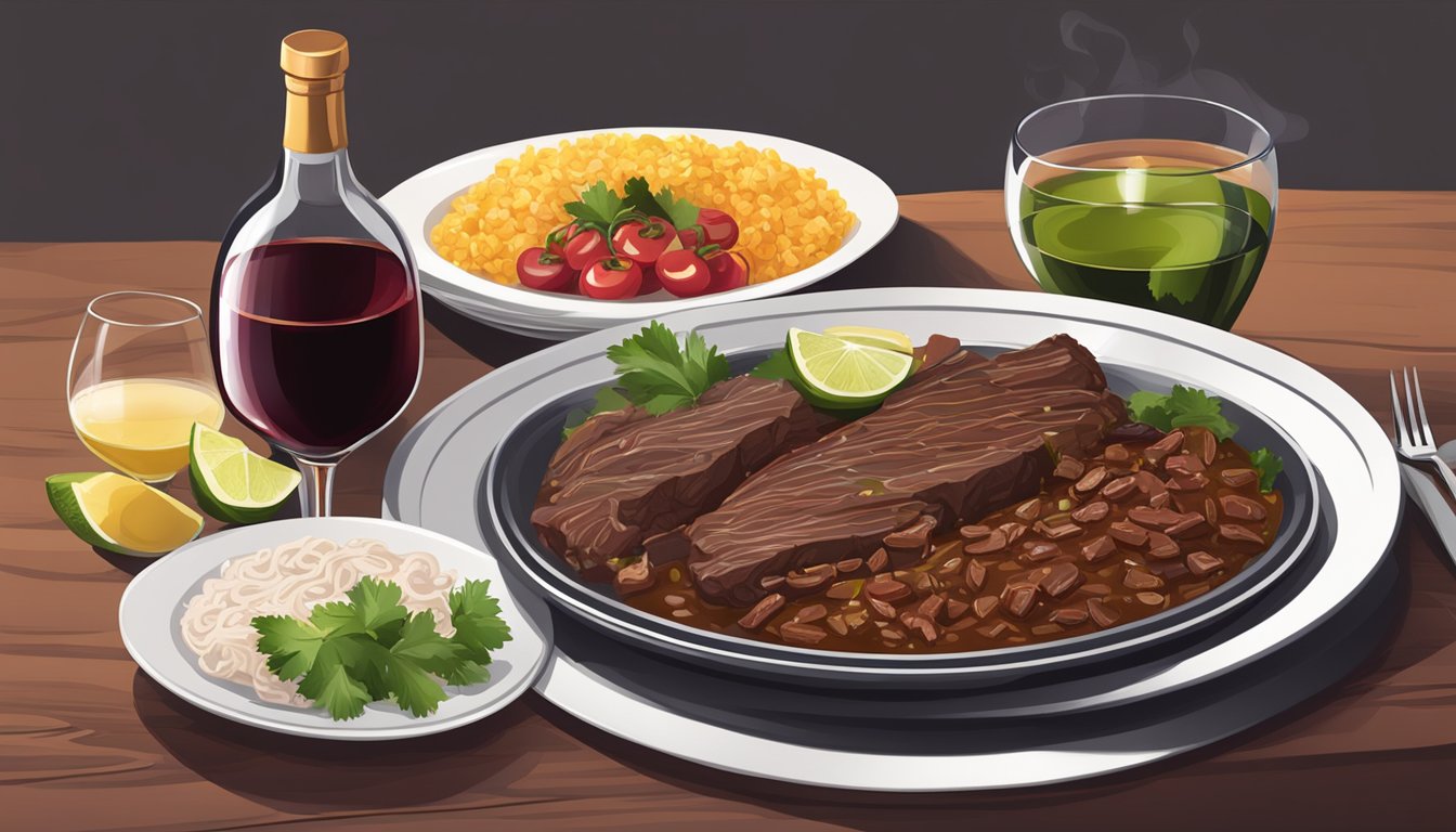 A table set with a steaming plate of beef barbacoa, accompanied by a bottle of red wine and two glasses