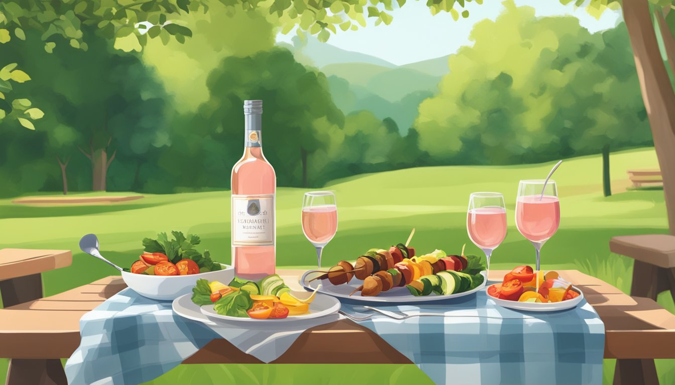 A picnic table set with a bottle of rosé, a plate of grilled vegetable kebabs, and a lush green backdrop of trees and grass